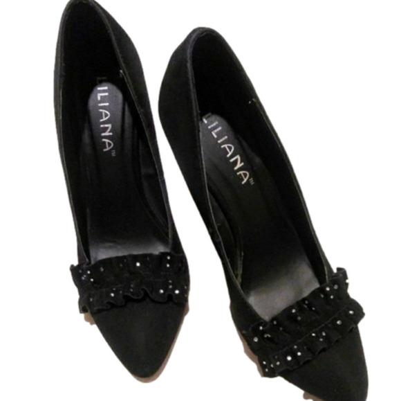 Liliana Black Rhinestone Ruffle Stiletto Pumps 6.5 - Picture 1 of 9
